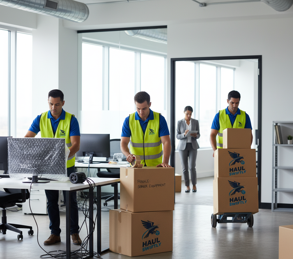 Happy client signing paperwork with moving team